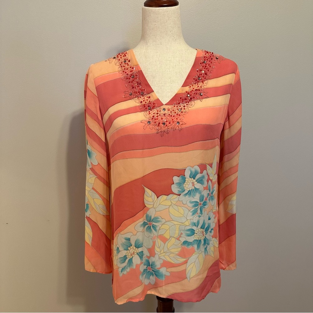 Ca.sual by c.a. Sport 100% Silk Beaded Fairy Floral Long Sleeve Semi-Sheer Top